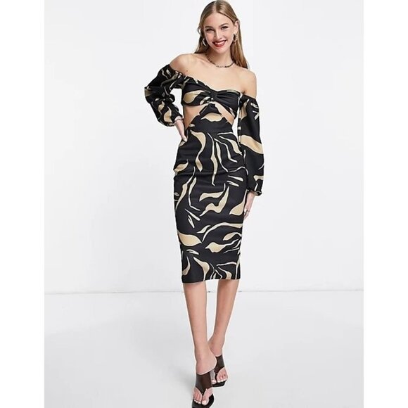 ASOS DESIGN cut out bardot body-conscious midi dress in print Size US 10 - Picture 1 of 7
